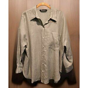 Zara 100% Linen 3/4 Sleeve Button Up Shirt Muted Green Sz L Minimalist Beachy